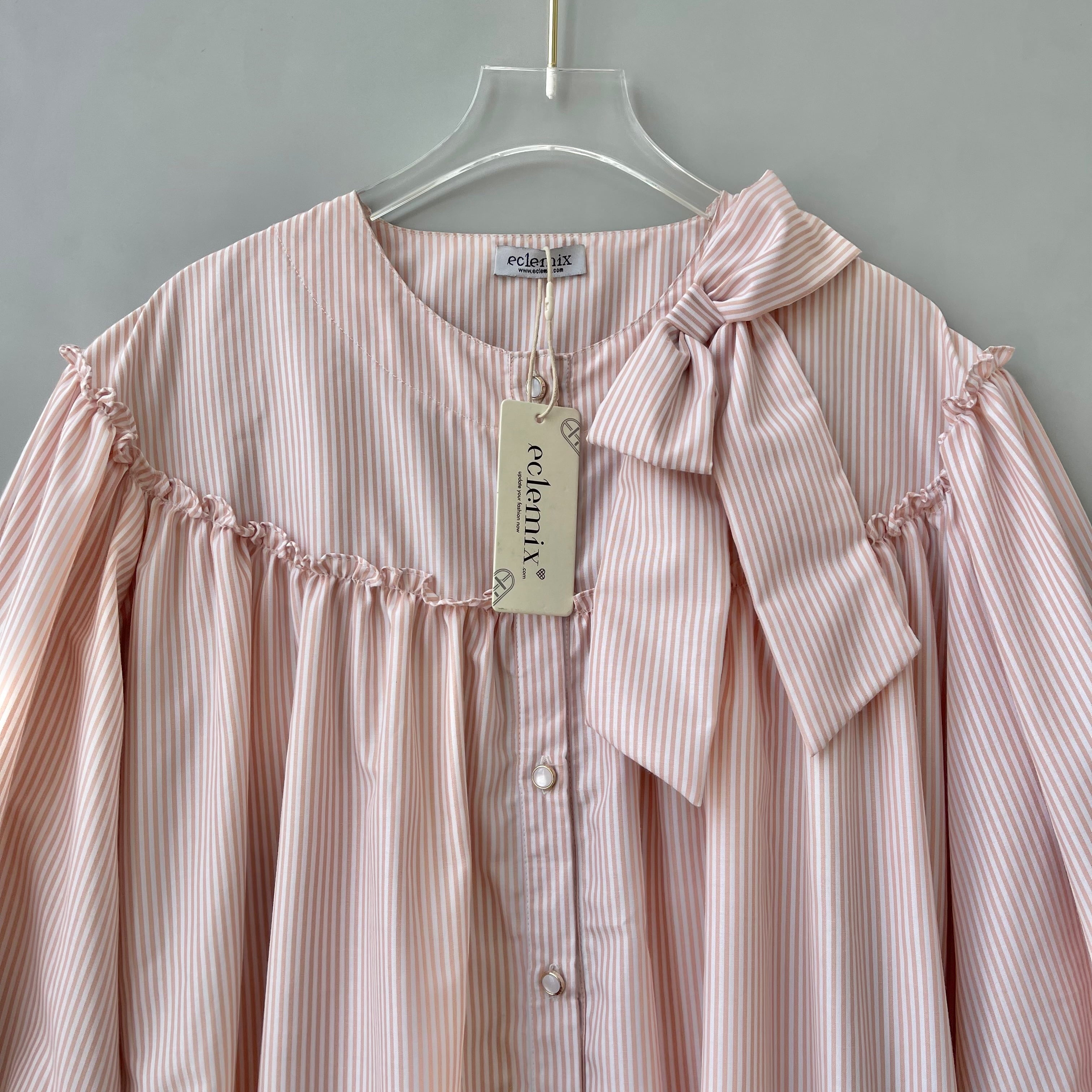 Image of Eclemix Top Tartha | Atasan Wanita Kemeja Motif Stripes Pita Bowtie